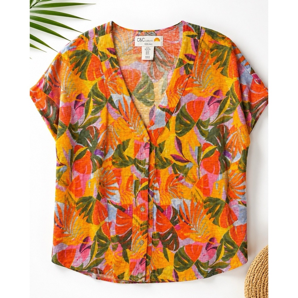 C&C California 100% Linen Tropical Leaf Print Cardigan Top XL Bright Tropical
